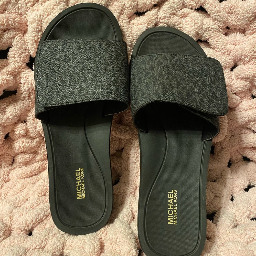 Michael Kors Black Slide Sandals with Monogram Design